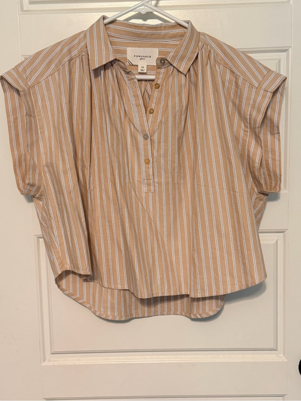 Pomander Place Tan & White Striped Button-Front Women's Shirt